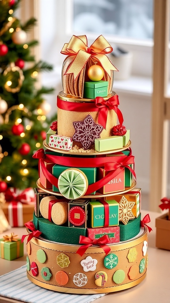 A festive Christmas gift tower with layers of cookies, chocolates, and small gifts, decorated with ribbons and holiday ornaments.